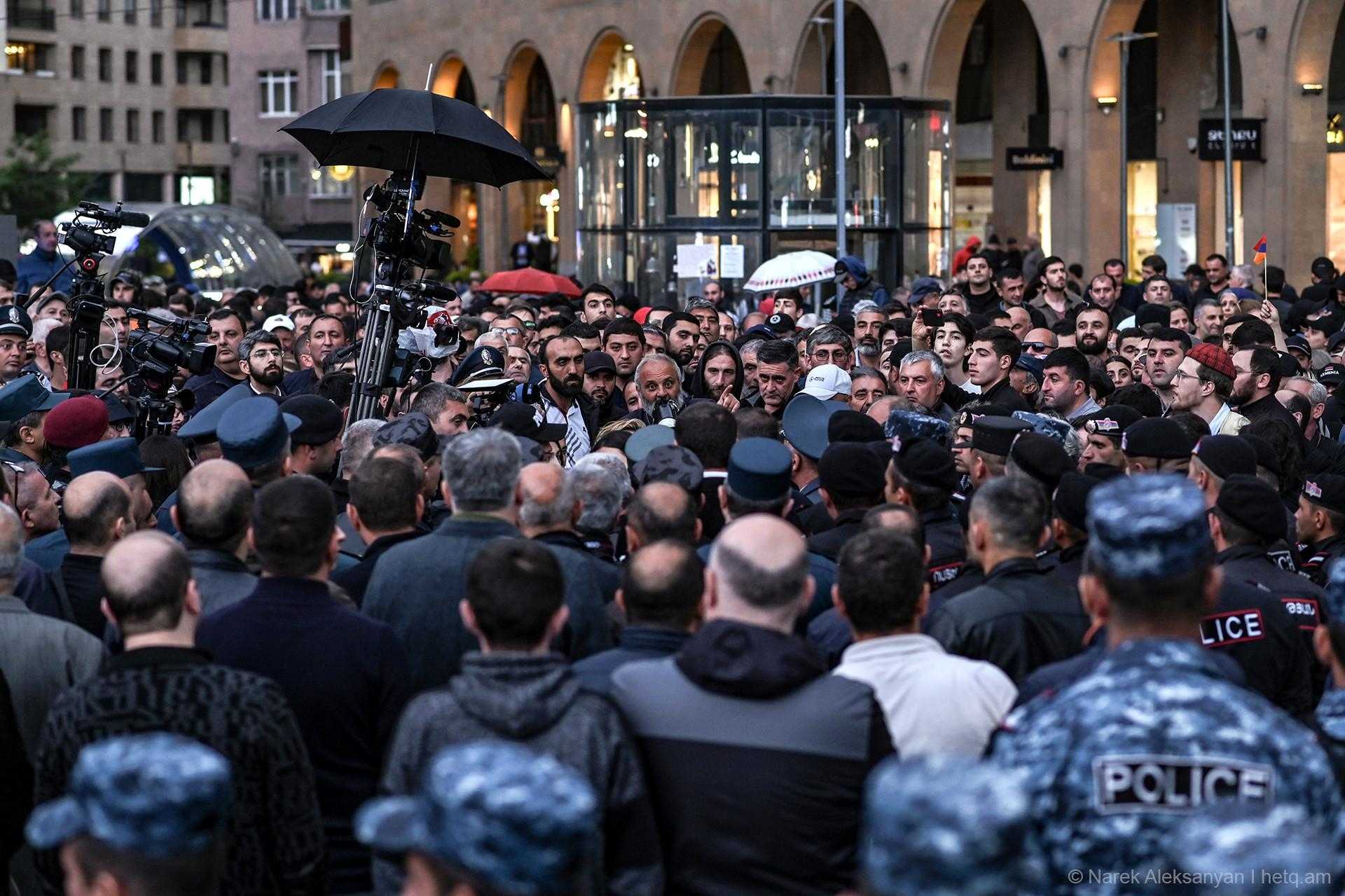 A crowd of protesters outside the EBRD annual forum in Yerevan on 15 May, with Archbishop Galstanyan at the centre. Photo: Narek Aleksanyan/hetq.am