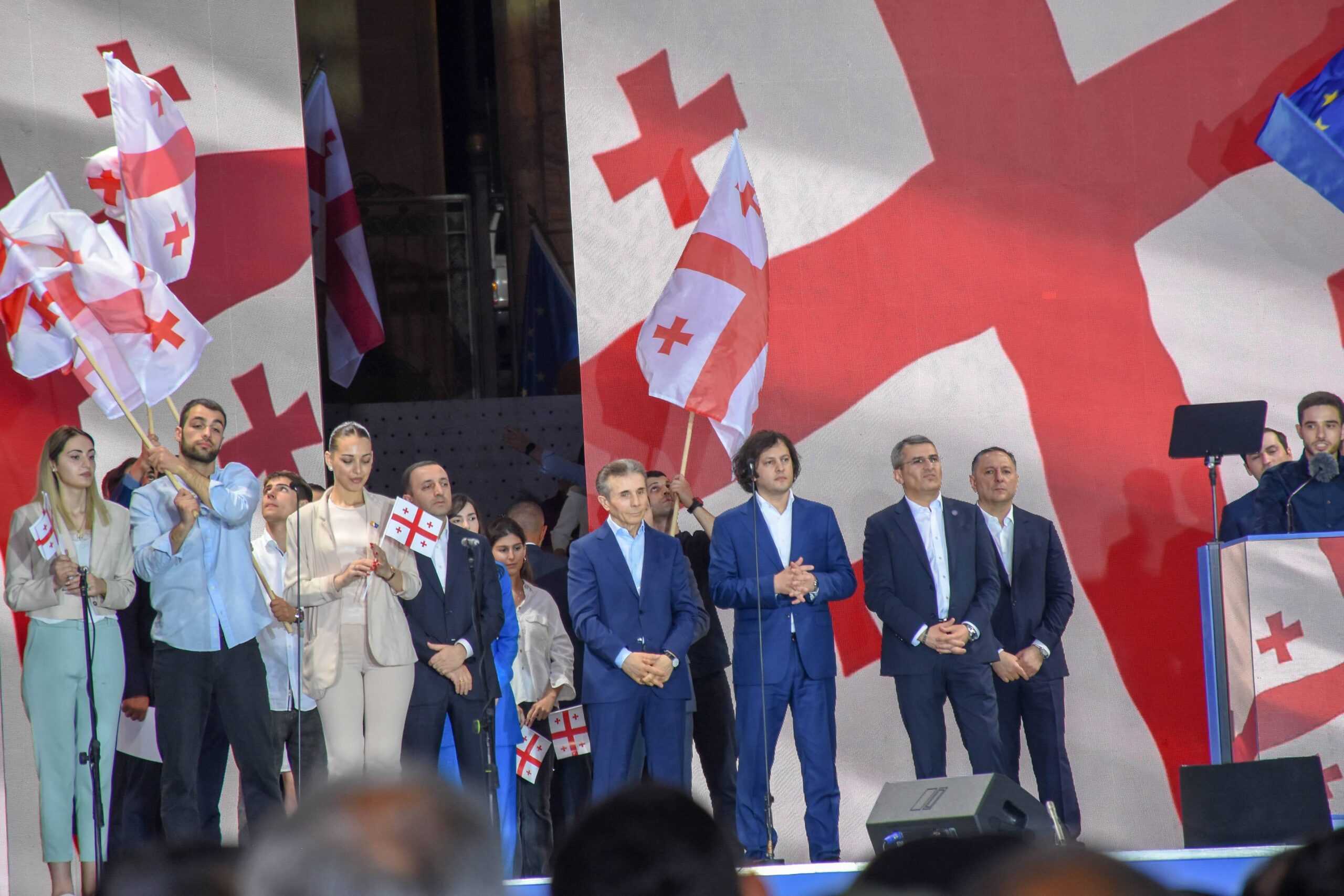 Leading members of the ruling Georgian Dream party alongside party founder Bidzina Ivanishvili, at a pro-government rally on 29 April. Photo: Tata Shoshiashvili/OC Media.
