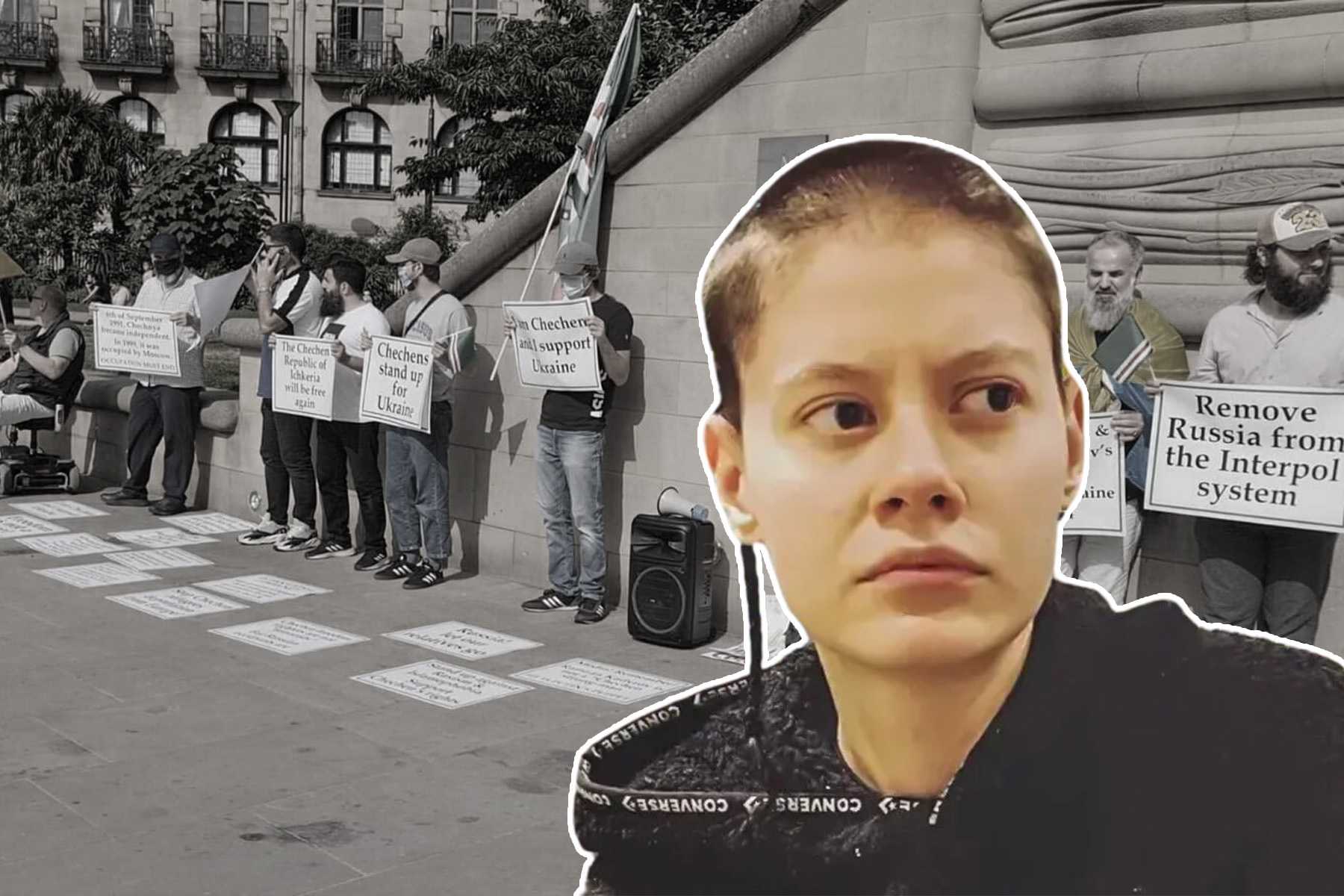 The author, and a Ukrainian-Chechen protest in Sheffield. 