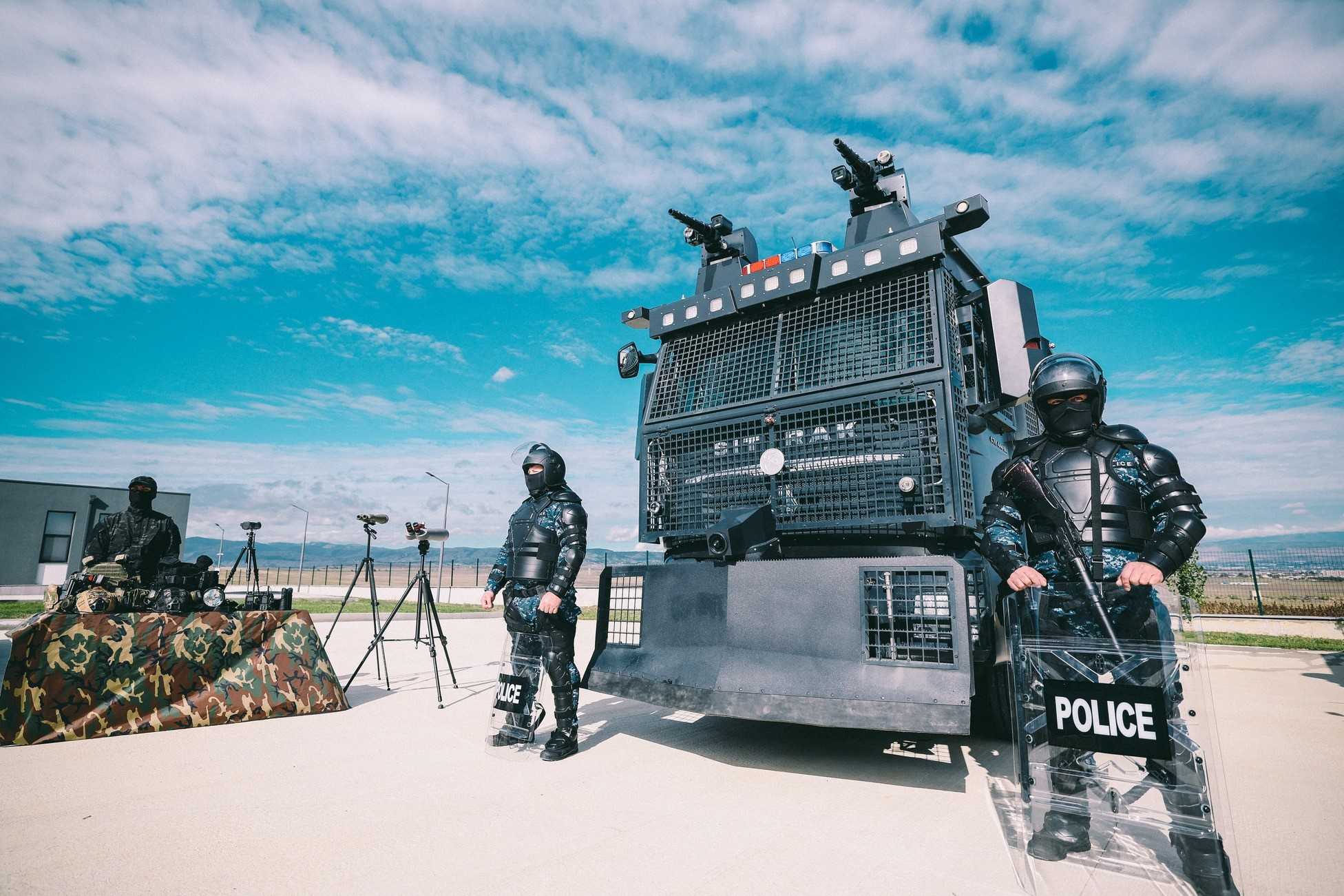 Officers from Georgia’s Special Tasks Department standing by new police equipment via the Ministry of Internal Affairs.