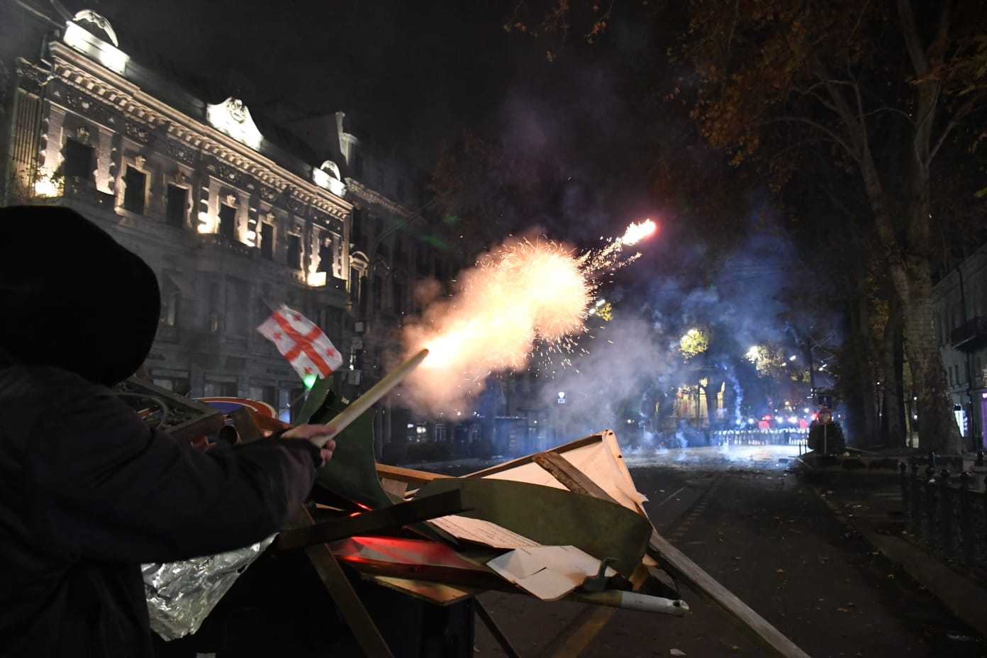 Protesters clash with police in Tbilisi on 2 December. Via Mariam Nikuradze/OC Media