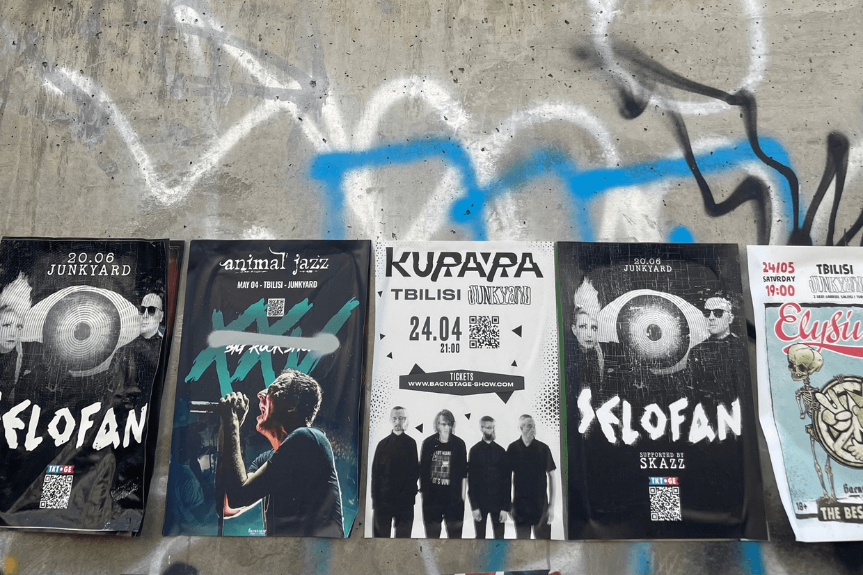 Posters promoting live music events at Junkyard, an underground venue in Tbilisi. Photo: Daniel Hayes/OC Media.