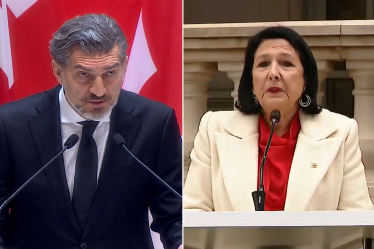 Disputed President Mikheil Kavelashvili (left) and self-declared interim President Salome Zourabichvili (right). Screen grabs from parliament and Formula.