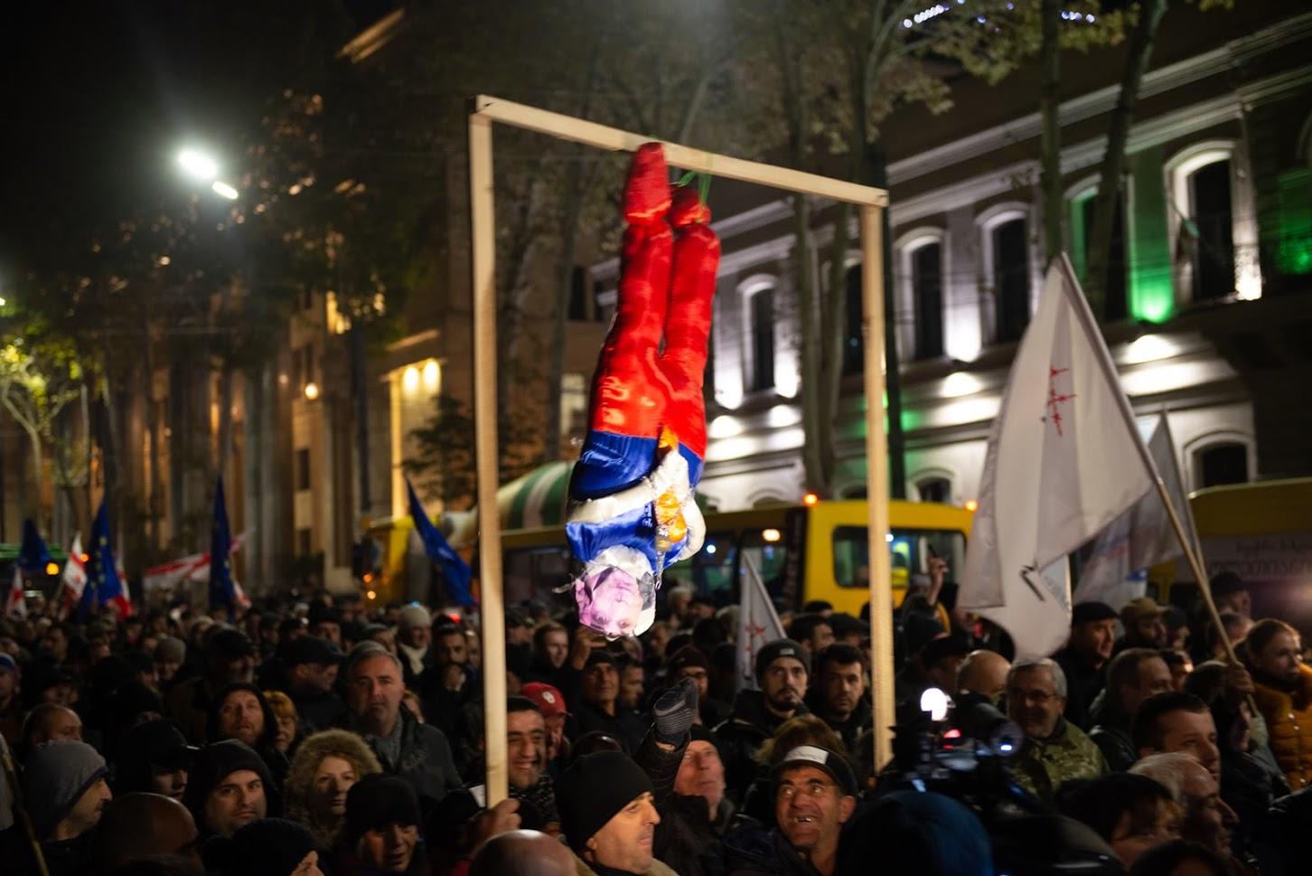 Protesters paraded an effigy of Georgian Dream chair Bidzina Ivanishvili on Rustaveli Street. Photo: Tamuna Chkareuli/OC Media.