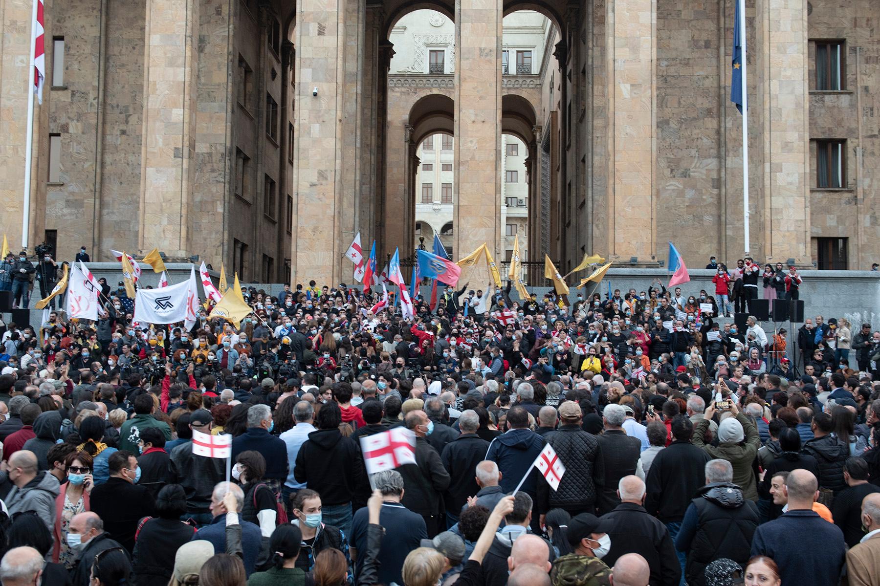 Thousands of protesters outside parliament on 1 November were addressed by the leaders of several opposition parties. Photo: Mariam Nikuradze/OC Media.