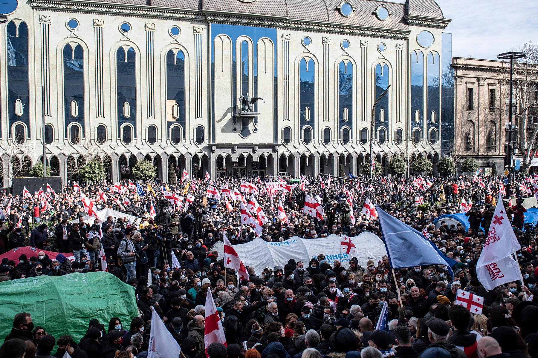 A protest outside the Georgian Parliament on 26 February. Photo: Mariam Nikuradze/OC Media. 