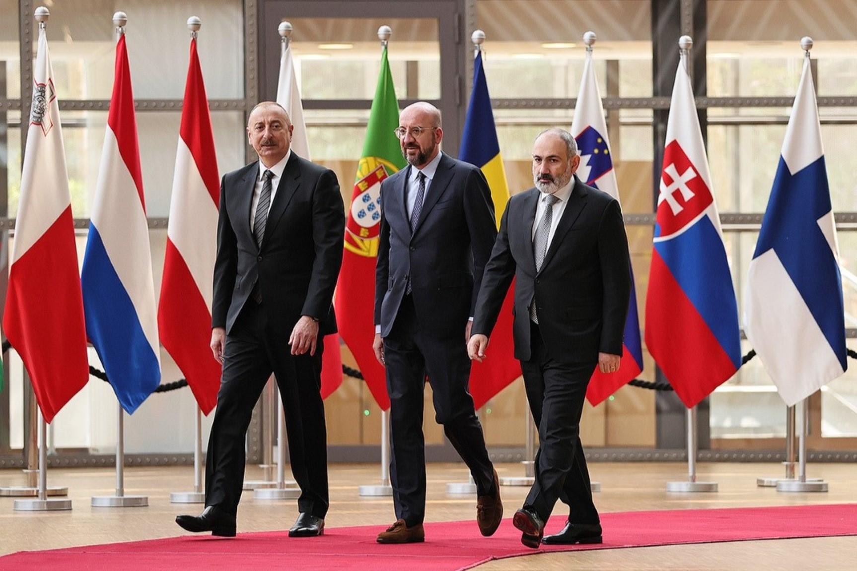 Azerbaijani President Ilham Aliyev, President of the Council of the European Union Charles Michel, and Armenian Prime Minister Nikol Pashinyan in Brussels on Sunday. Photo via Prime Minister of Armenia's office