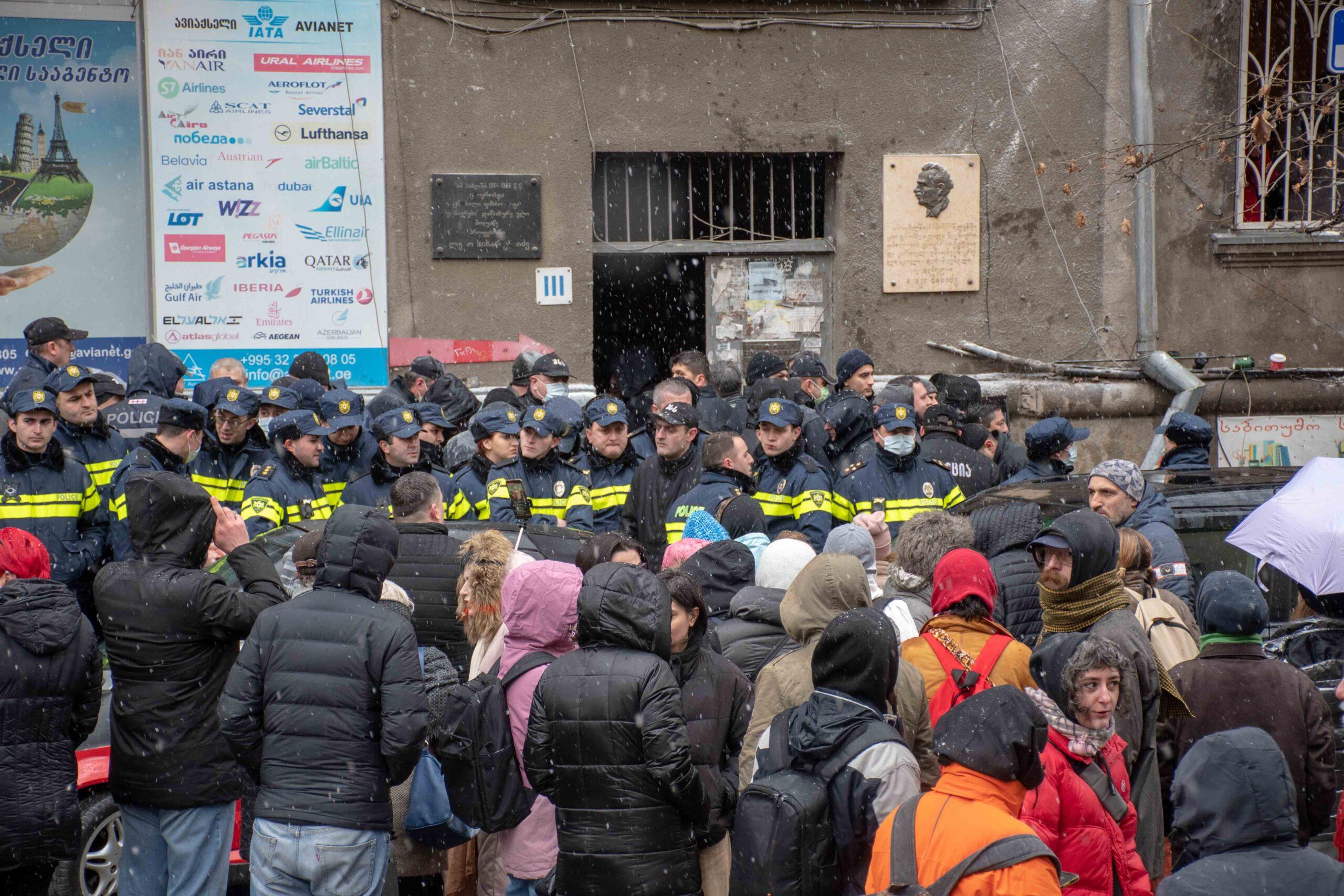 Demonstrators gathered outside the Khatiashvili family’s home to protest their eviction. Shota Kincha/OC Media.