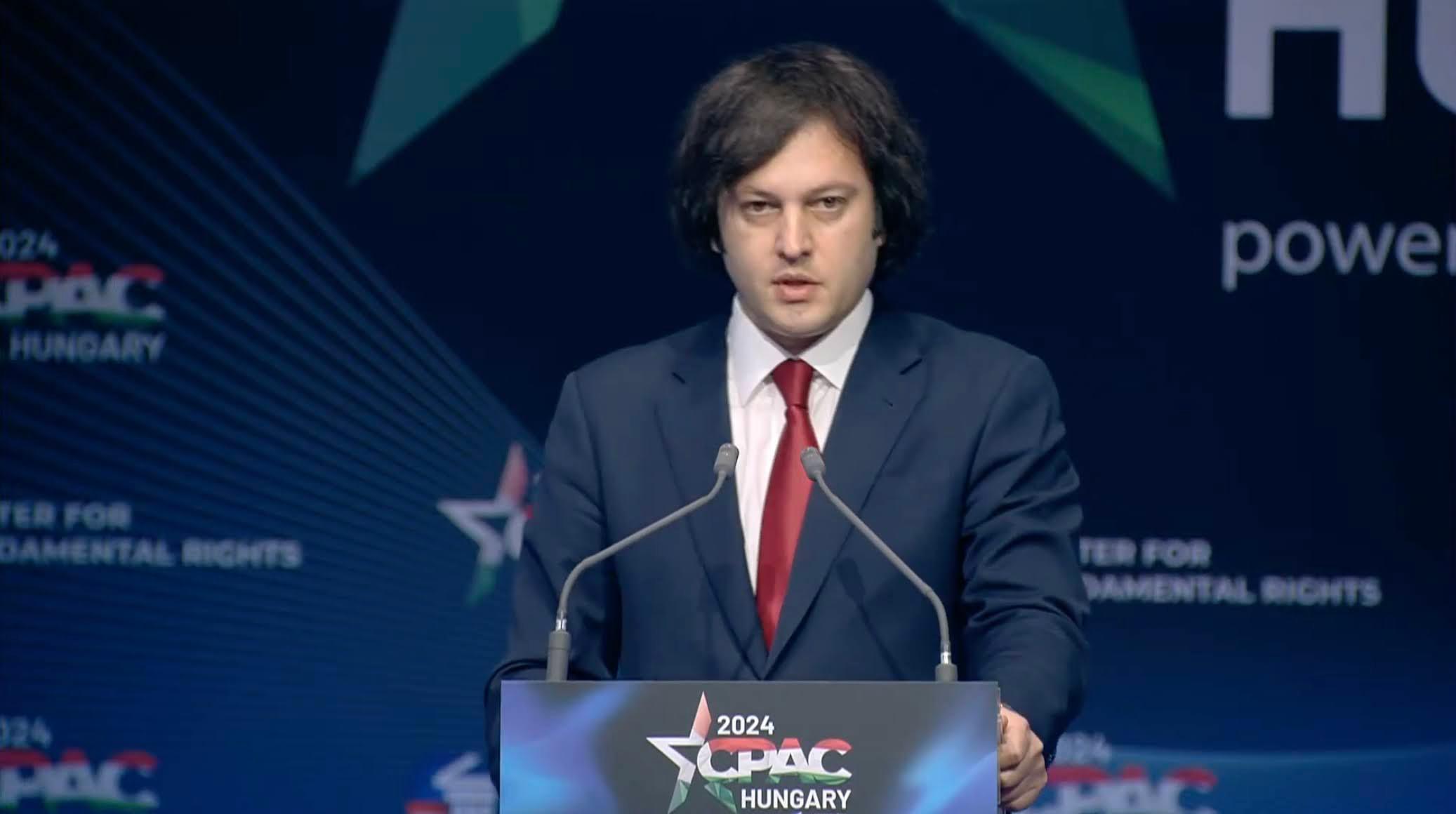 Irakli Kobakhidze speaking at CPAC. Screengrab from Center for Fundamental Rights / Youtube.