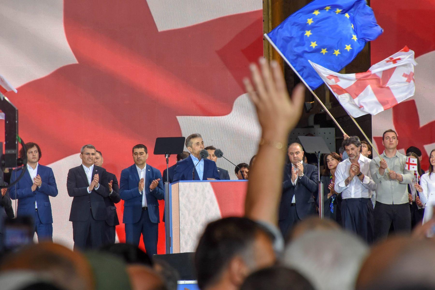 Bidzina Ivanishvili addresses the pro-government rally in Tbilisi on 30 April 2024 outside parliament. Photo: Tata Shoshiashvili/OC Media.