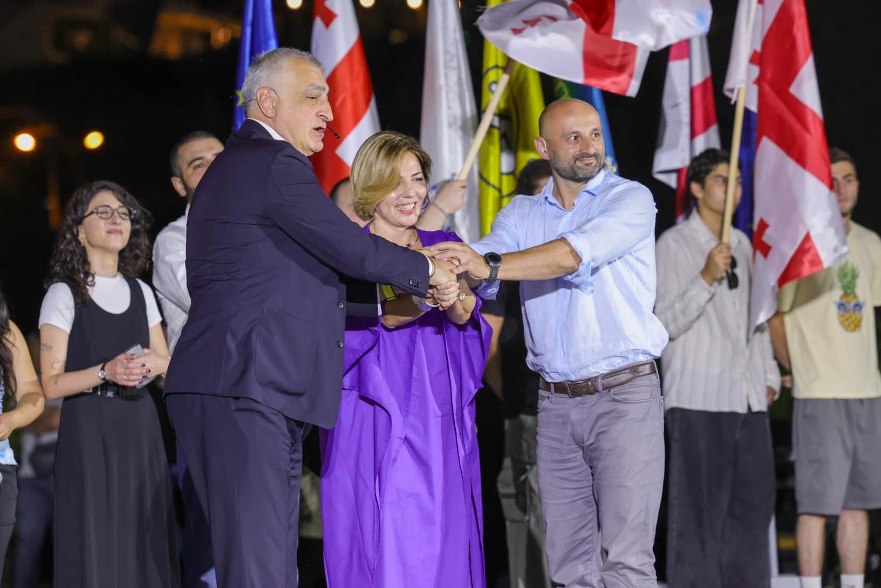 From left: Mamuka Khazaradze, Anna Dolidze, Levan Tsutskiridze. Image via Freedom Square/Facebook. 