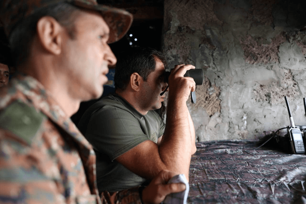 Armenian Defence Minister Suren Papikyan at a military position on the border with Azerbaijan. Official image.