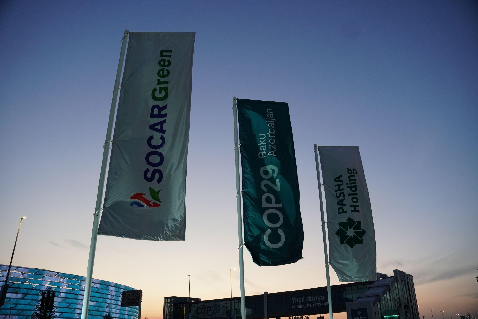 Flags at the entrance to COP29’s Green Zone showing sponsorships by the renewable arm of Azerbaijan’s state-run oil company and a conglomerate owned by the family of the country’s first lady and vice president. Photo: Victor Swezey.