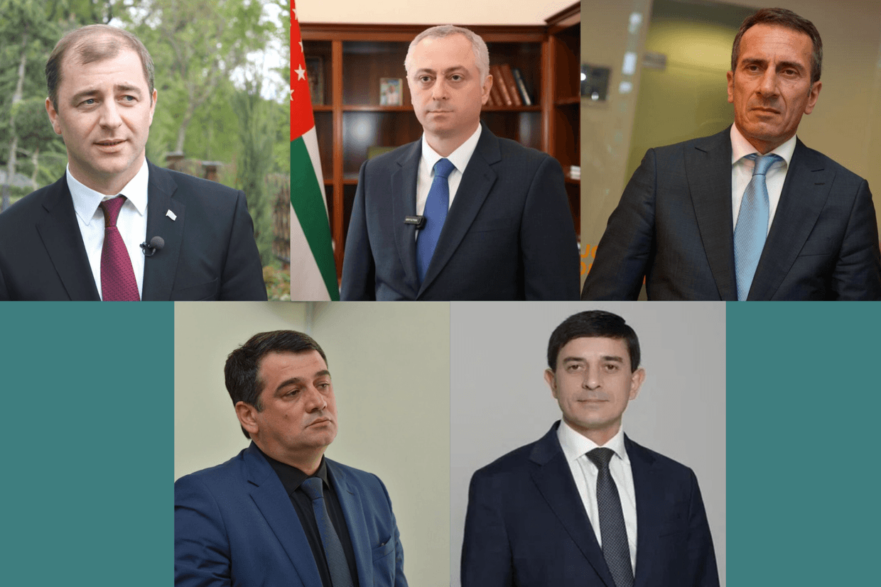 Candidates in in Abkhazia’s 2025 presidential elections. Clockwise from top left: Adgur Ardzinba, Badra Gunba, Oleg Bartstits, Adgur Khurkhumal, and Robert Arshba. Photo Collage: Lily Samarine/OC Media.