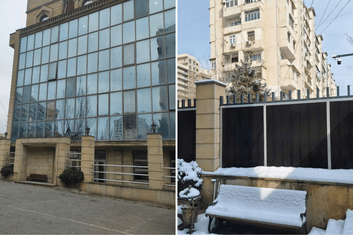 The original barrier around Baku’s Khatai District Court (left) compared to the new fence (right). Photos via social media and Fatima Movlamli.