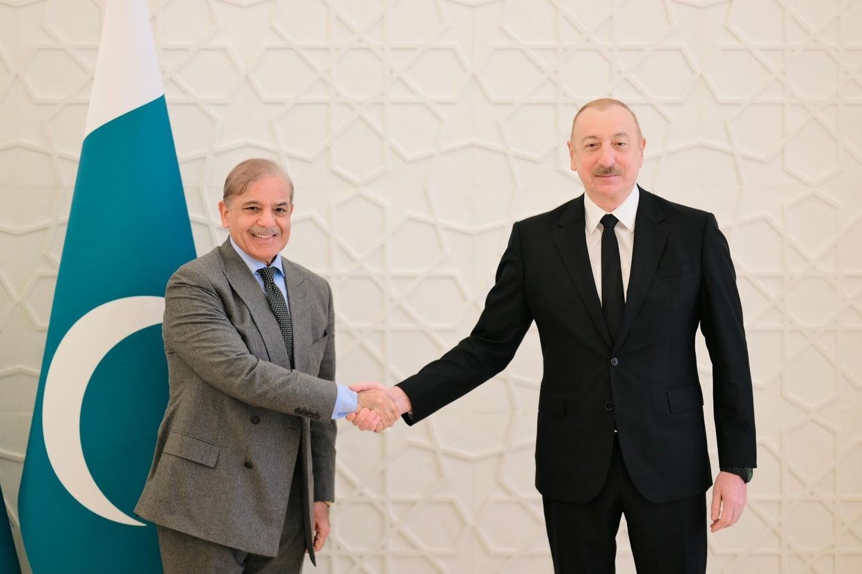 Pakistani Prime Minister Muhammad Shehbaz Sharif shakes hands with Azerbaijani President Ilham Aliyev during a state visit to Baku on 24 February 2025. Official image.