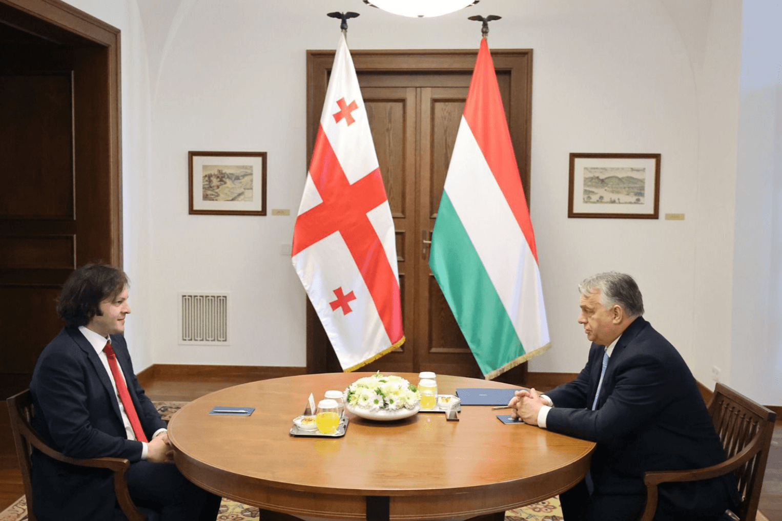 Georgian Prime Minister Irakli Kobakhidze meeting with Hungarian Prime Minister Viktor Orbán in April 2024. Official photo.