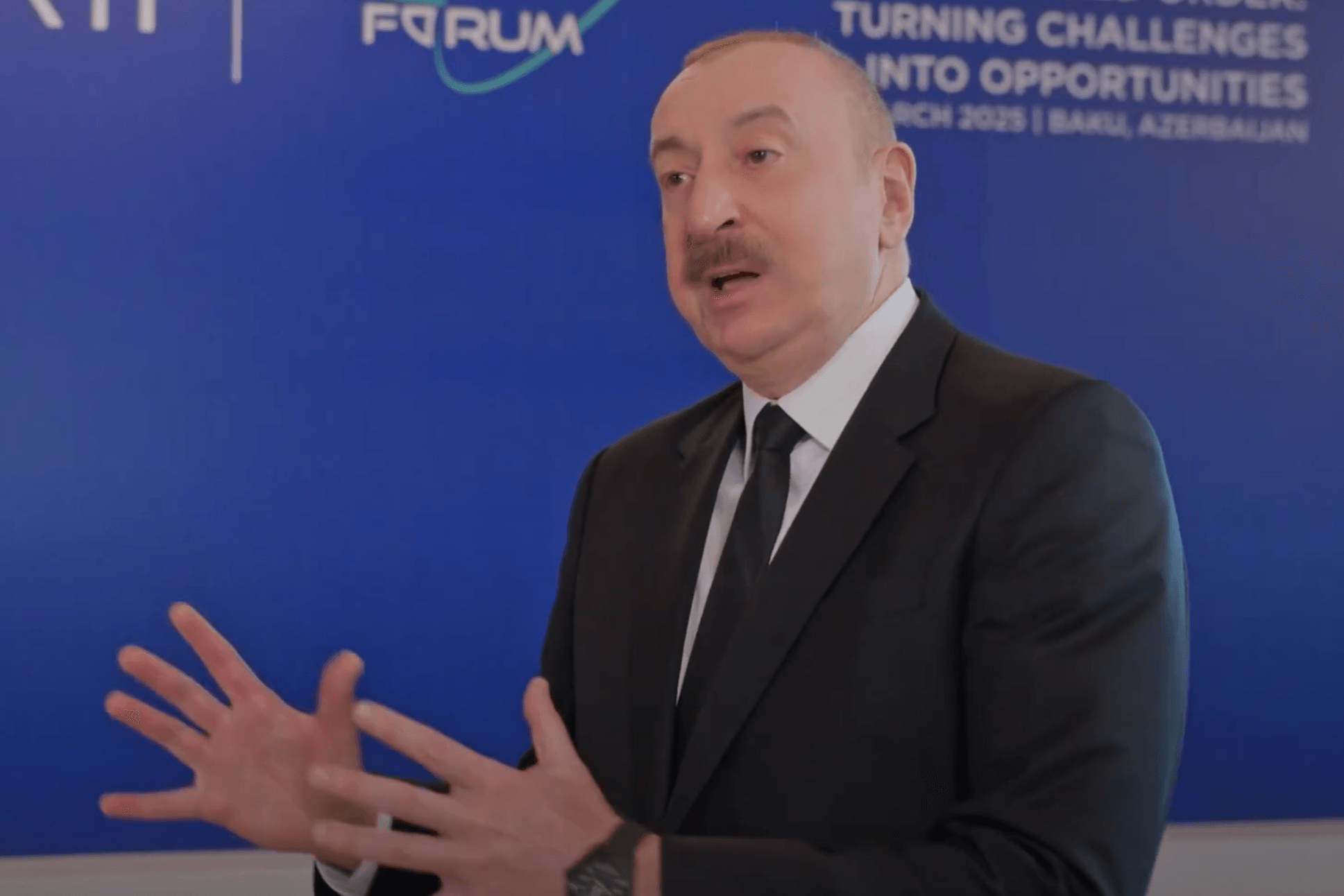 Azerbaijani President Ilham Aliyev speaking to Euronews at the 12th Baku Global Forum. Screengrab from video.