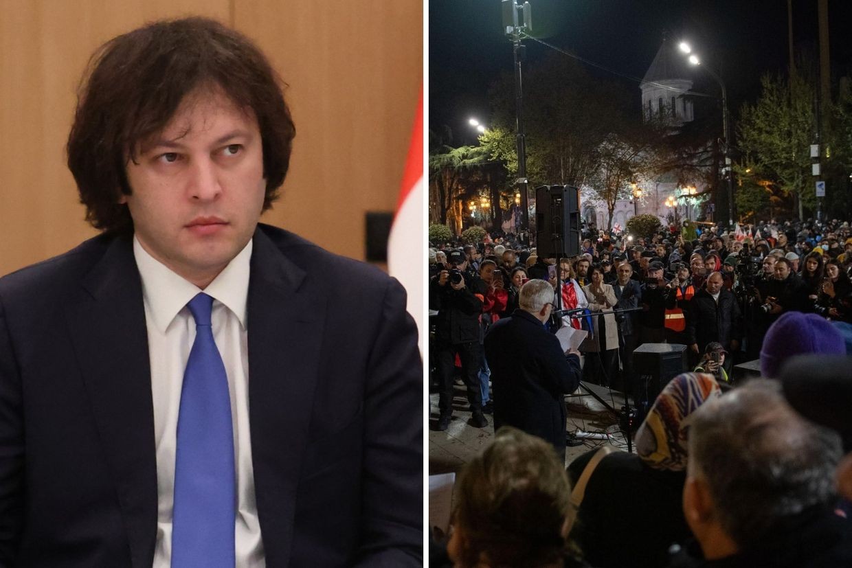 The ruling party officials, including Prime Minister Irakli Kobakhidze, compared protesters to Soviet troops. Left: Official photo. Right: Mariam Nikuradze/OC Media