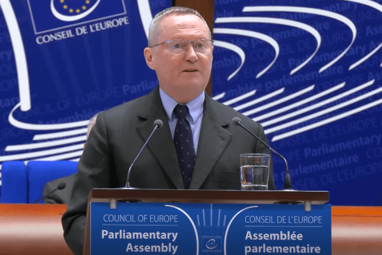 Council of Europe Human Rights Commissioner Michael O’Flaherty speaking to the Council of Europe’s Parliamentary Assembly on 7 April 2025. Screengrab from official video.