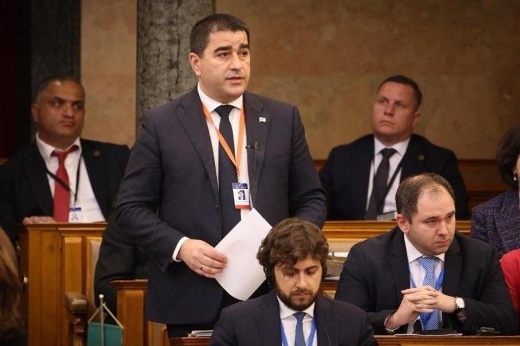 Georgian Parliamentary Speaker Shalva Papuashvili speaking at a conference in Hungary. Official photo.