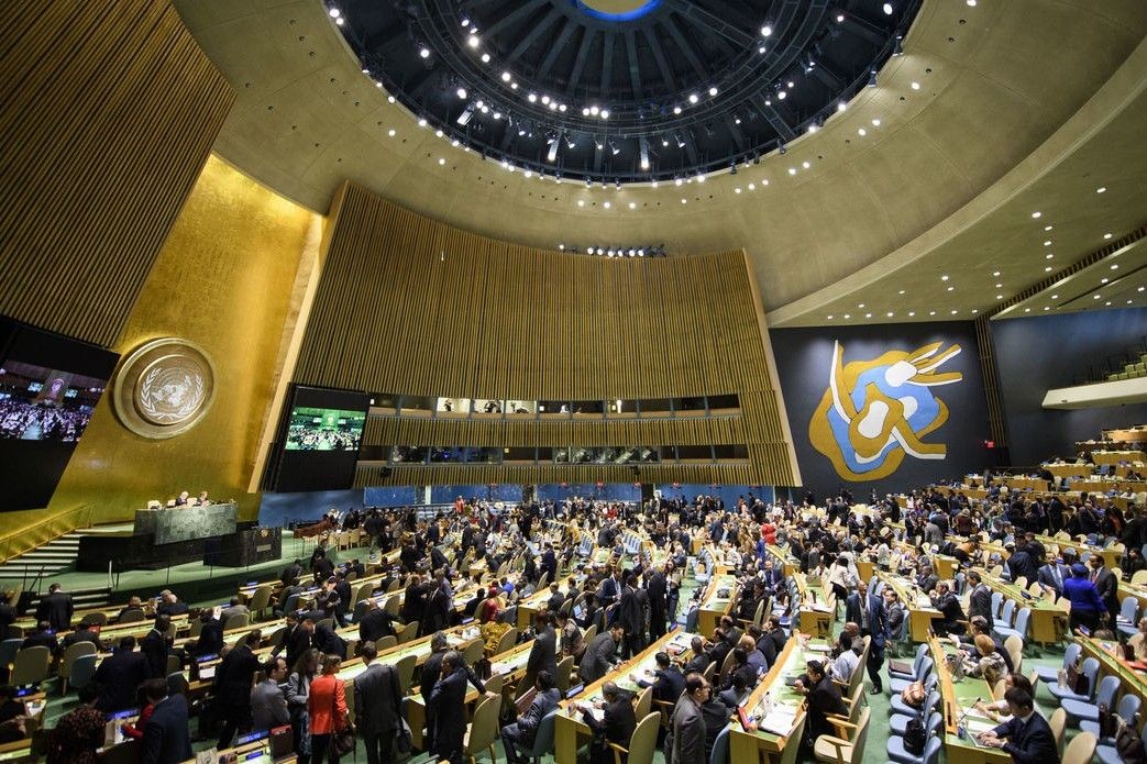 The interior of the UN General Assembly. Official photo.
