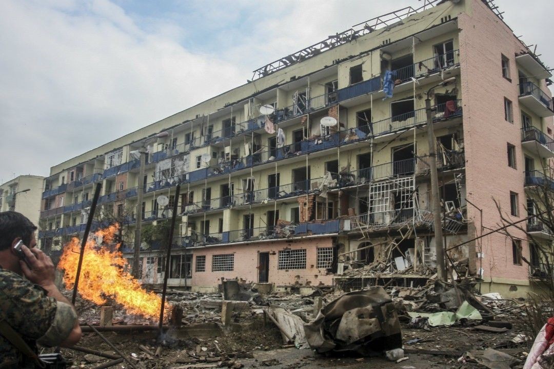 A residential building in Gori bombed by Russian forces during 2008 August war. Photo: Leli Blagonravova.