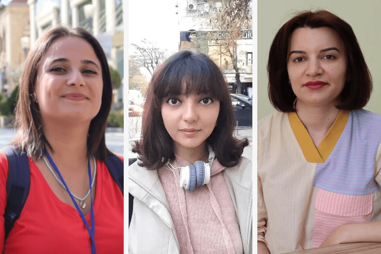 Nargiz Absalamova, Elnara Gasimova, and Sevinj Abbasova, imprisoned Abzas Media staff members. Photo: Ulviyya Guliyeva/VOA.