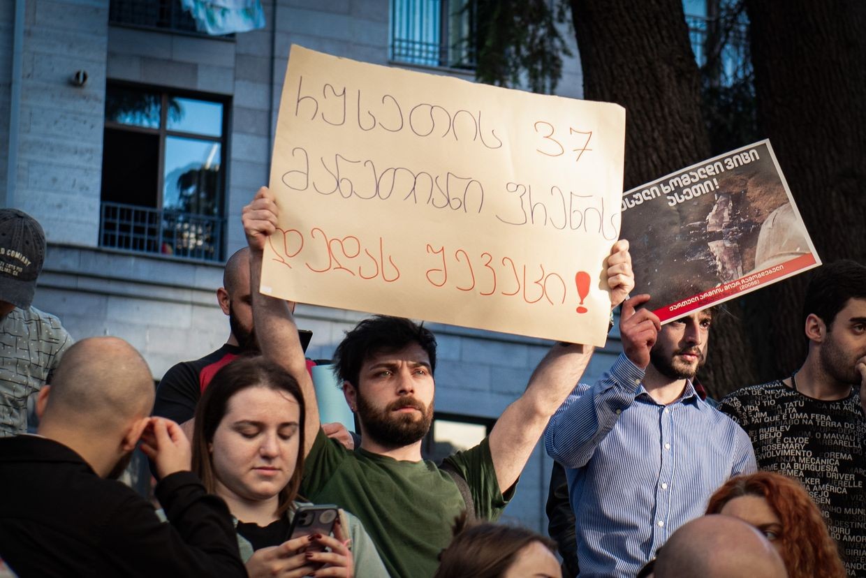 Gela Khasaia during the May 2023 protest against the resumption of direct flights between Georgia and Russia. Photo: Mariam Nikuradze/OC Media