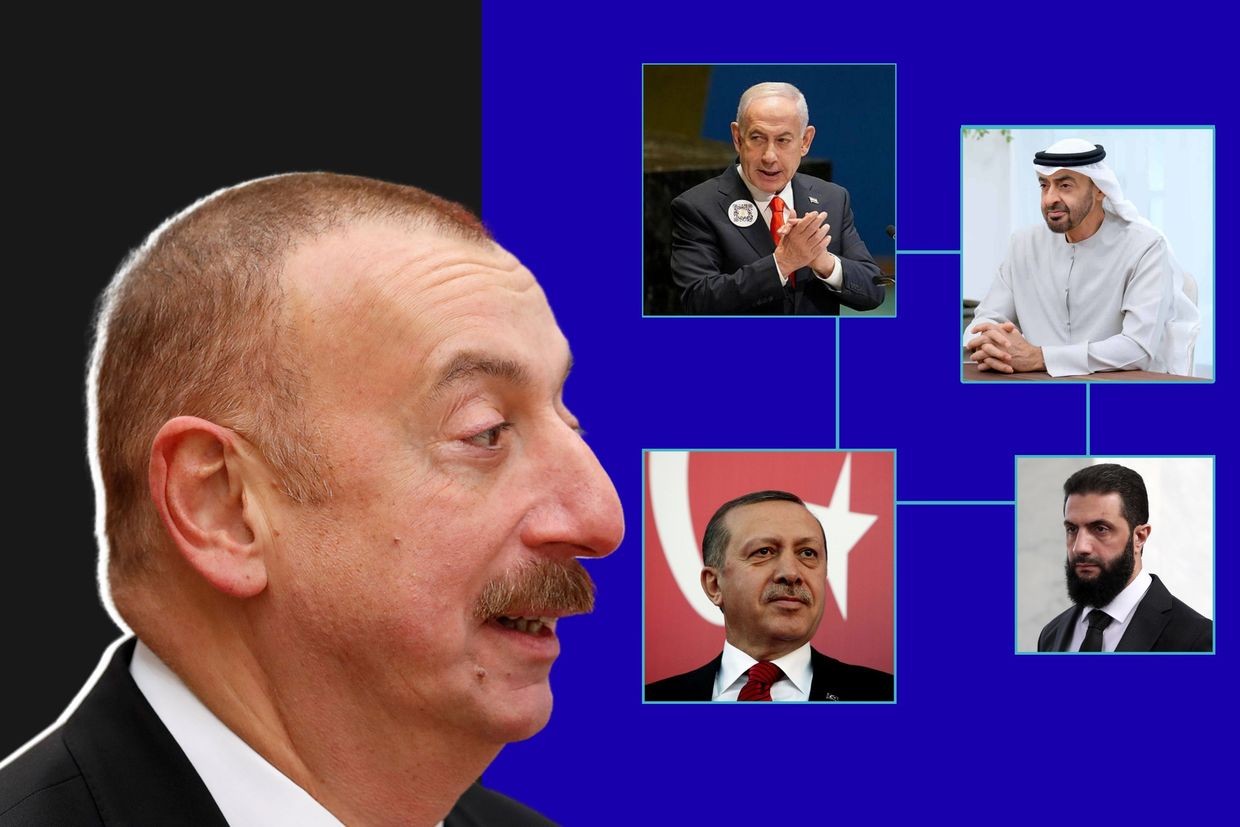 Azerbaijani President Ilham Aliyev looks towards Israeli Prime Minister Benjamin Netanyahu (top left), UAE President Sheikh Mohamed bin Zayed Al Nahyan (top right), Turkish President Recep Tayyip Erdoğan (bottom left) and Syrian President Ahmed al-Sharaa (bottom right). Official photos.