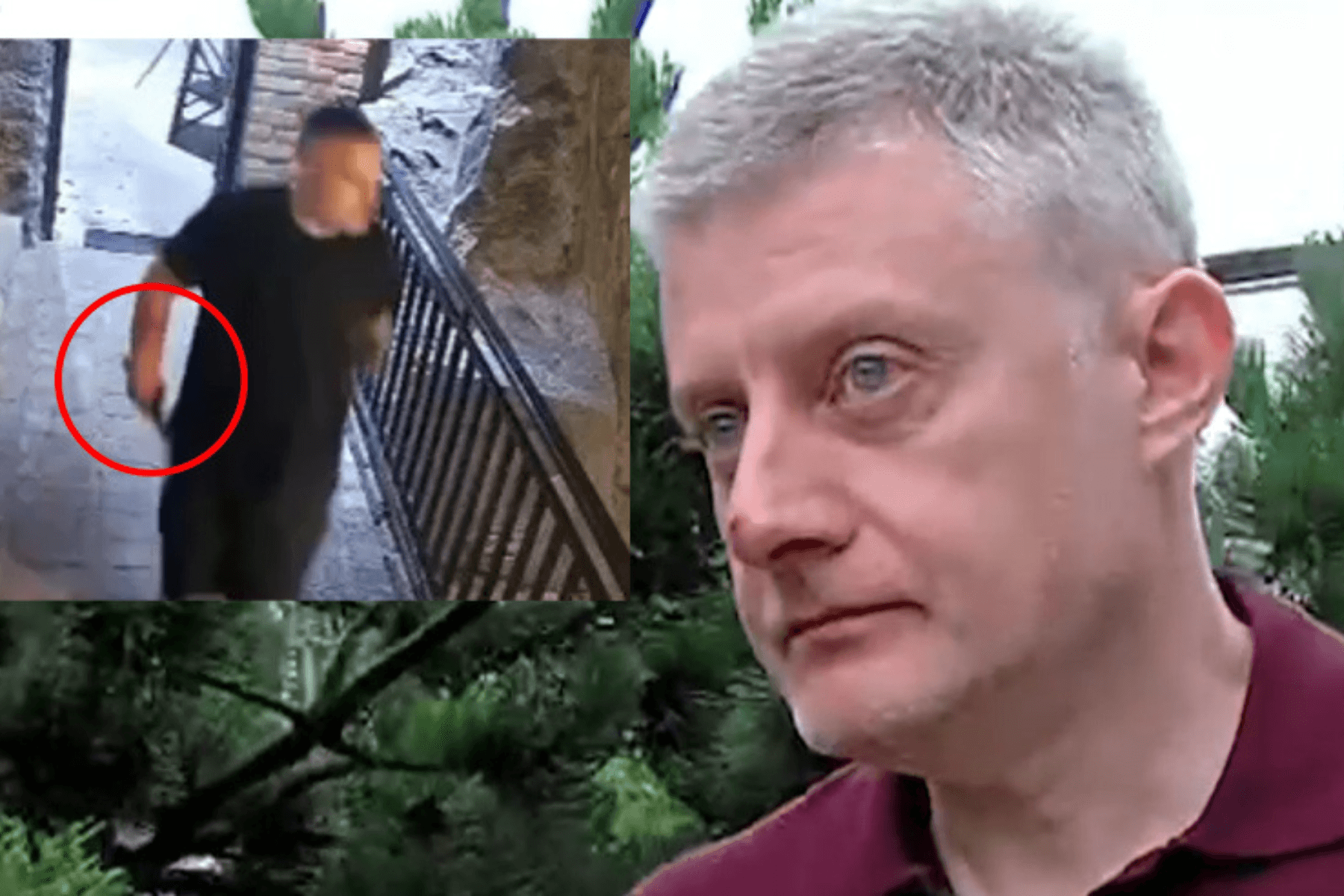 Zurab Tibua photographed with injuries to his face (main photo) while an inset image shows Lasha Baslandze appearing to enter the restaurant with a gun-like object. Photo via TV Pirveli.