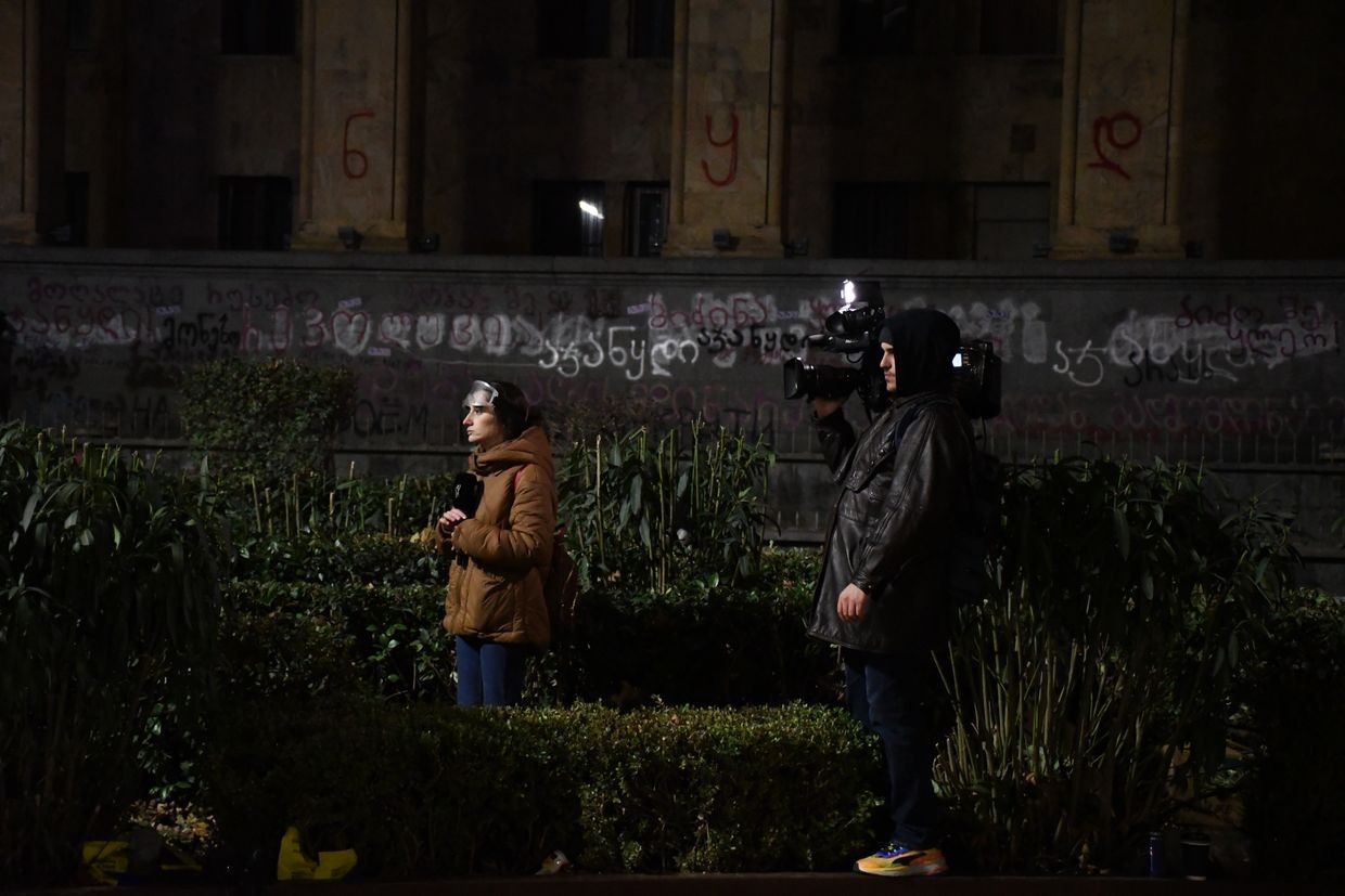 The Formula crew covering an anti-government protest on 29 November 2024. Photo: Mariam Nikuradze/OC Media.
