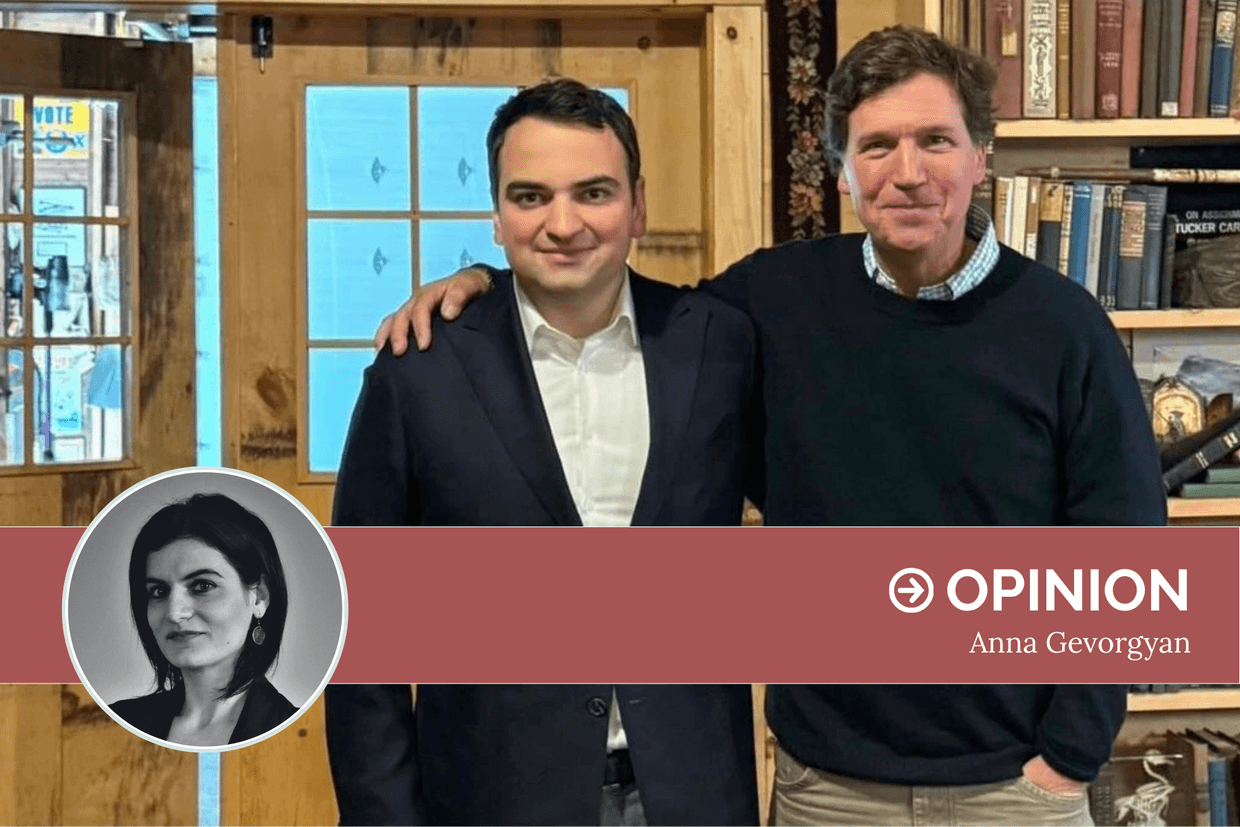 Narek Karapetyan (left), the nephew of jailed Russian-Armenian billionaire Samvel Karapetyan, and Tucker Carlson (right). Photo via social media.