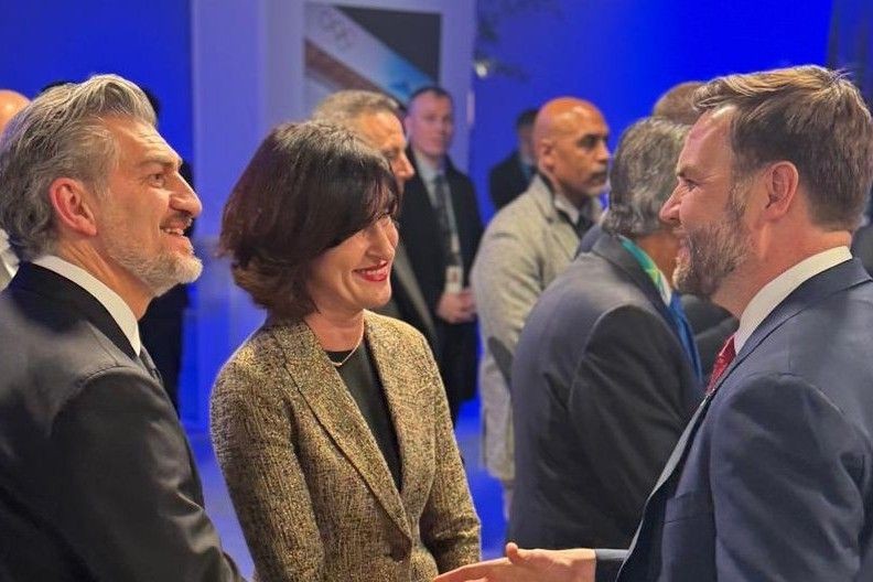 Georgian President Mikheil Kavelashvili (left), Georgian Foreign Minister Maka Botchorishvili (center), and US Vice President JD Vance (right) meeting in Milan on the sidelines of the Winter Olympics. Official photo.