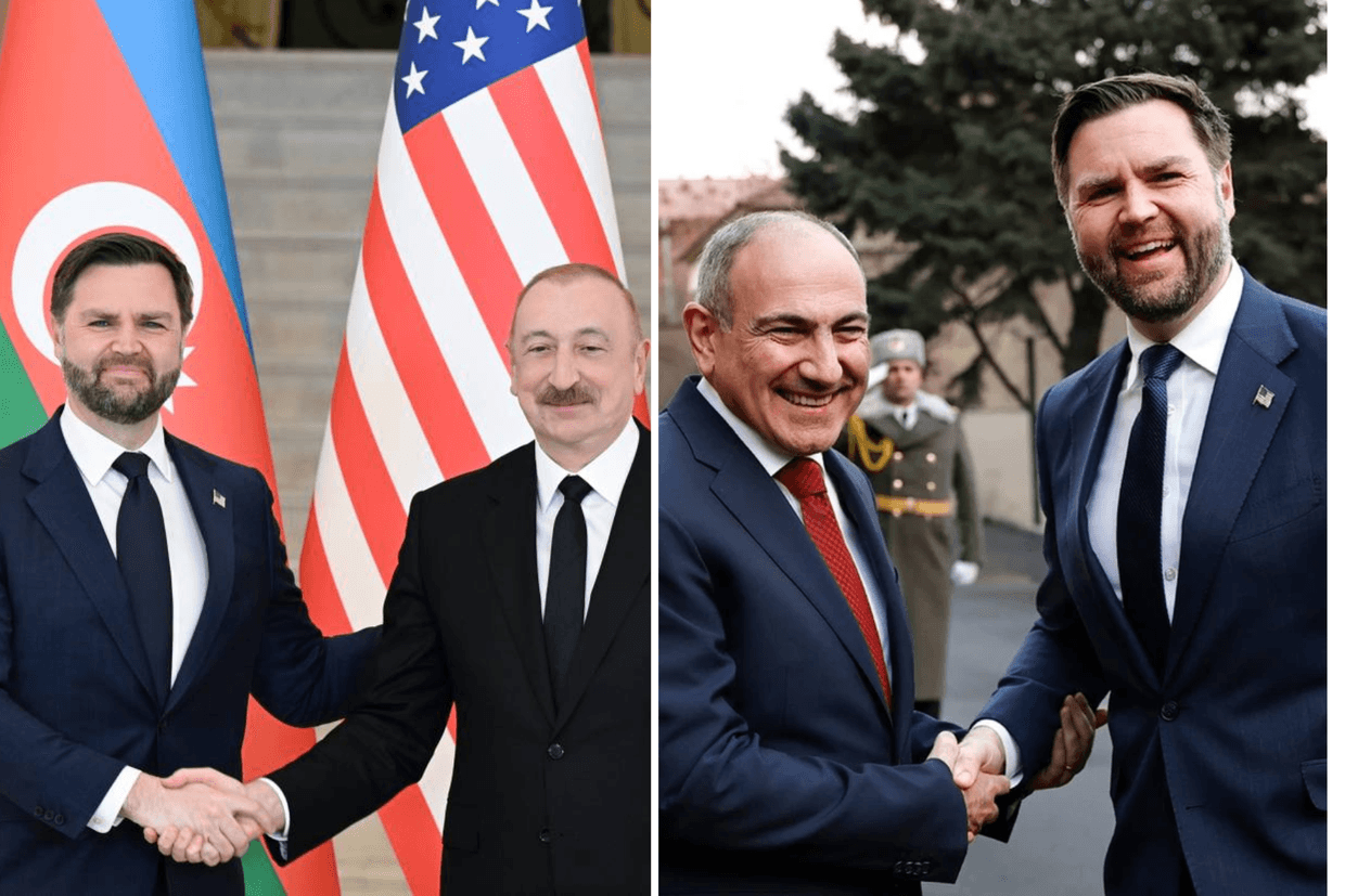 Left: US Vice President JD Vance with Azerbaijani President Ilham Aliyev. Right: Armenian Prime Minister Nikol Pashinyan with US Vice President JD Vance. Official photos.