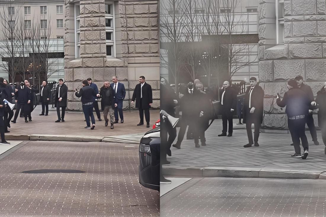 A screengrab from an article by the Azerbaijani pro-government media outlet Trend entitled 'Invisible heroes of Azerbaijan's security' that shows President Ilham Aliyev's security detail confronting protesters in Washington.