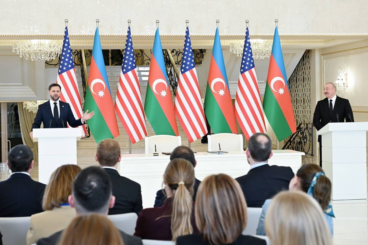 US Vice President JD Vance (left) and Azerbaijani President Ilham Aliyev during the briefing in Baku on Tuesday.
