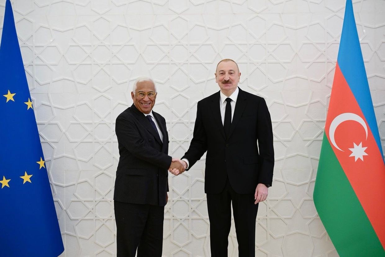 Azerbaijani President Ilham Aliyev (right) and European Council President António Costa (left) in Baku on 11 March 2026. Official photo.