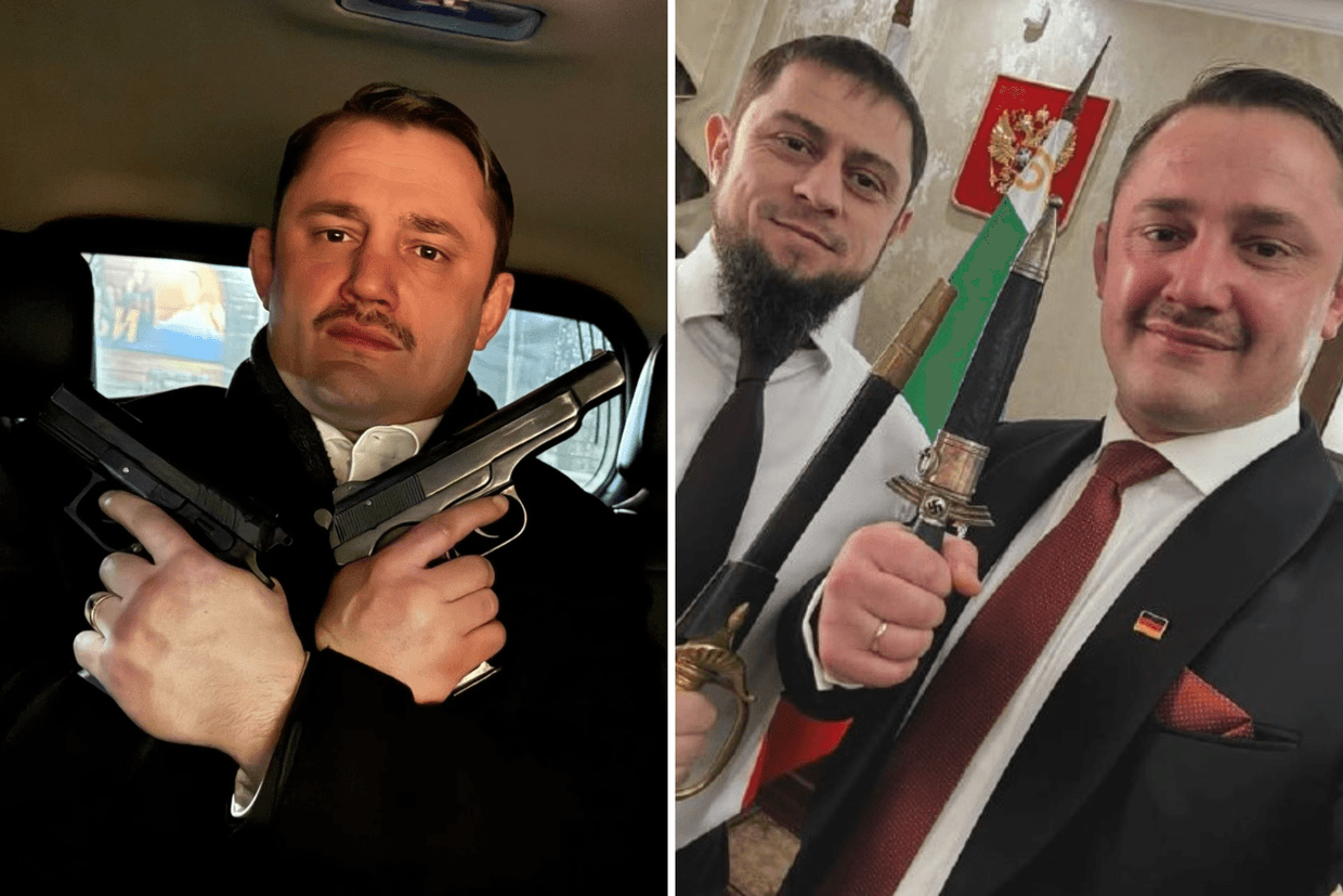 Noah Krieger, or Murad Dadaev, as seen in Chechnya (left), and a picture of him gifting Chechen Information Minister Akhmed Dudaev daggers adorned with swastikas. Photos via social media.&nbsp;