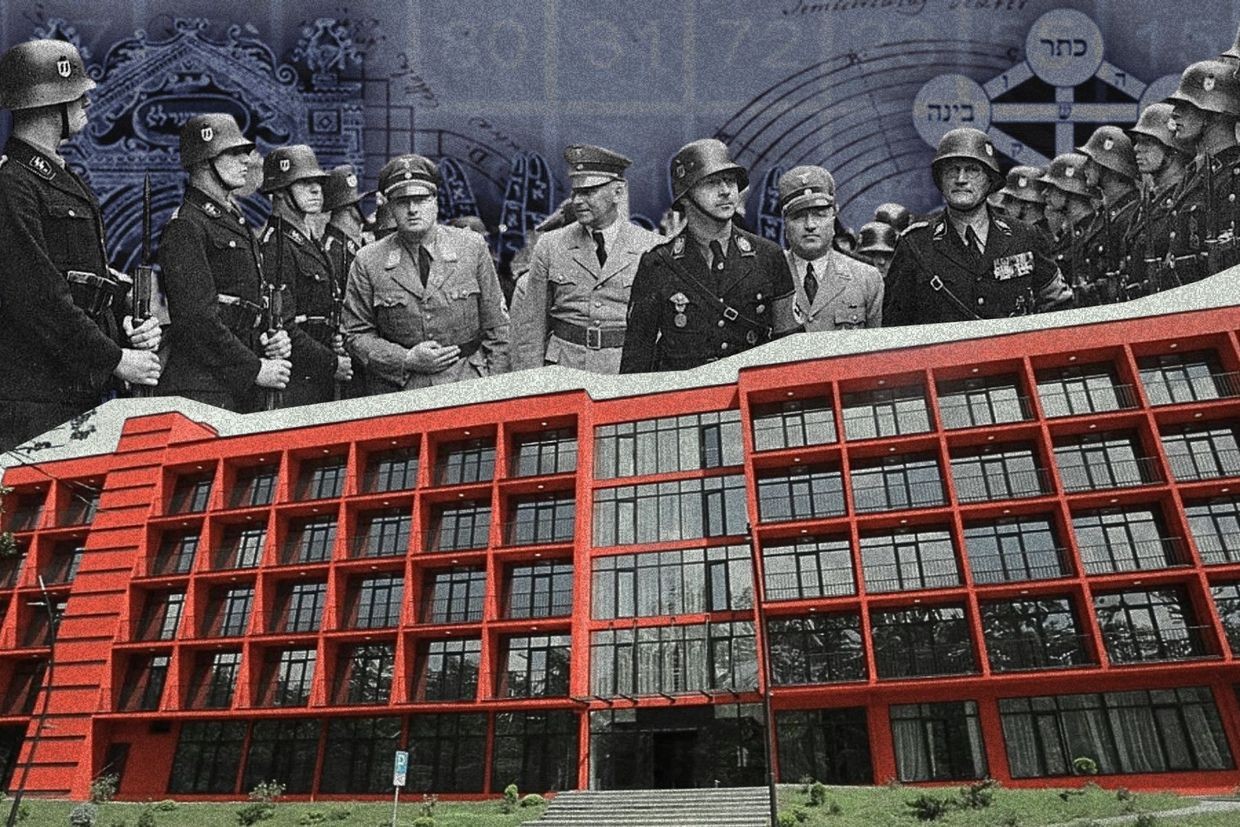 Members of the SS 'Ahnenerbe' unit stand against Numerology symbols and behind Kutaisi International University. Collage by Tamar Shvelidze/OC Media.