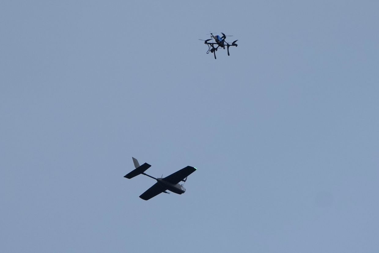 An illustrative photo of a drone hunter intercepting a target drone during drills at the Yatagan School for Unmanned Aerial Systems in Ukraine in March 2026. Photo: AP Photo/Efrem Lukatsky.