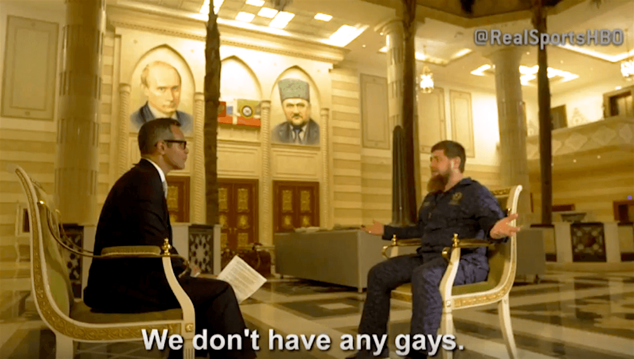 ‘We don’t have any gays!’ exclaims Ramzan Kadyrov in a recent interview with HBO, adding that if any were found in Chechnya, Canada should take them, so as to ‘purify our blood’. Image still via YouTube / NSBC. Some rights reserved.