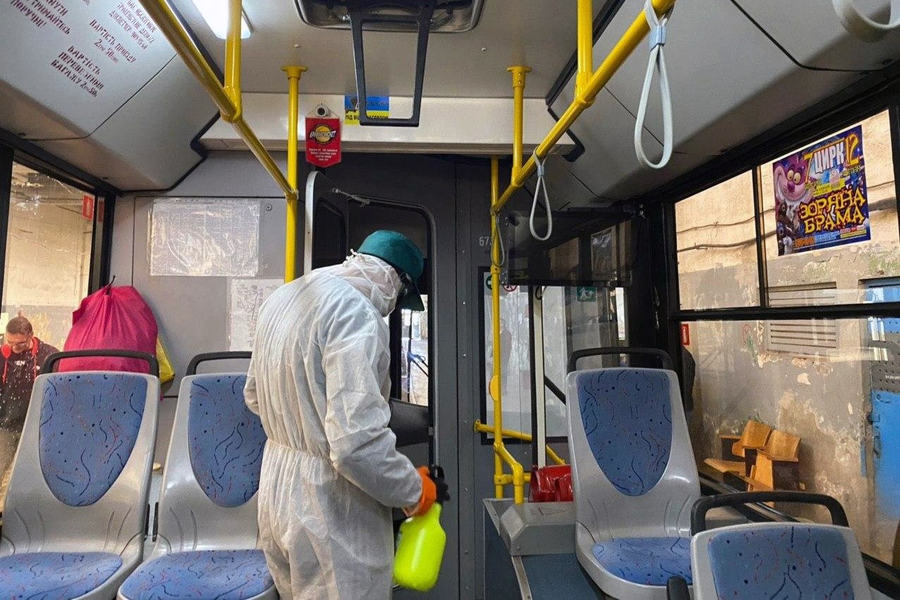 Abkhazian authorities said they had started disinfecting public buses and trolleybuses in the capital on 16 March. Photo: Abkhazian Health Ministry.