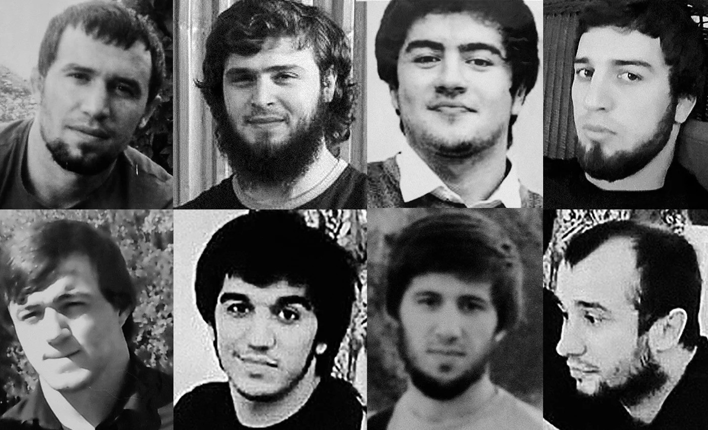 The eight men allegedly killed in a special operation: Islam Magomedov, Pakhrudin Makhayev, Gashim Uzdanov, Shamil Dzhamalutdinov from Kaspiysk, Shamil Dzhamalutdinov from Khasavyurt, Gosen Gosenov, Kamil Dzhamalutdinov, Klych Klychev. Image via zona.media.