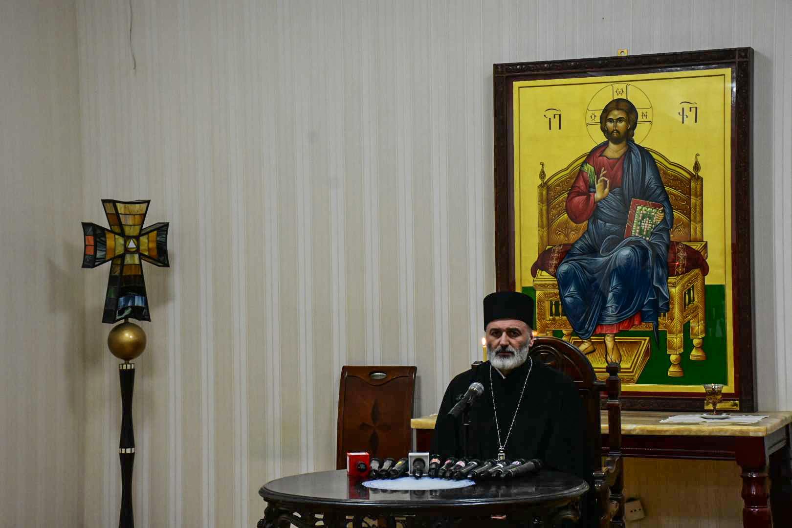 Andria Jaghmaidze, Head of Georgian Patriarchate's press-service answering questions of journalists after the meeting of Holy Synod. Photo: Mariam Nikuradze/OC Media.