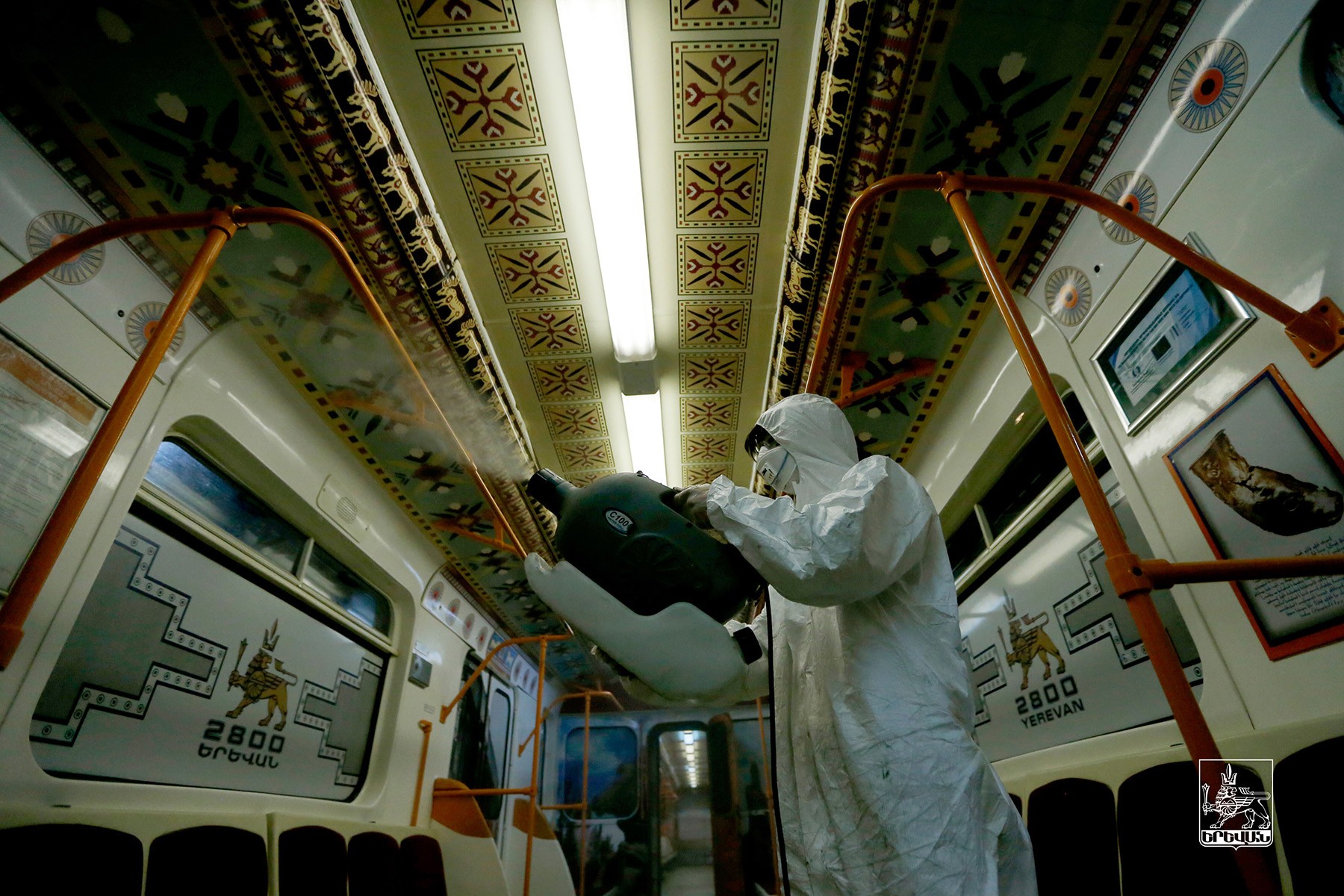 A metro carriage being sanitised in Yerevan. Photo: Yerevan Municipality.