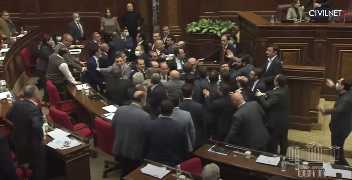 A fight in the Armenian Parliament. Screengrab of video via Civilnet. 