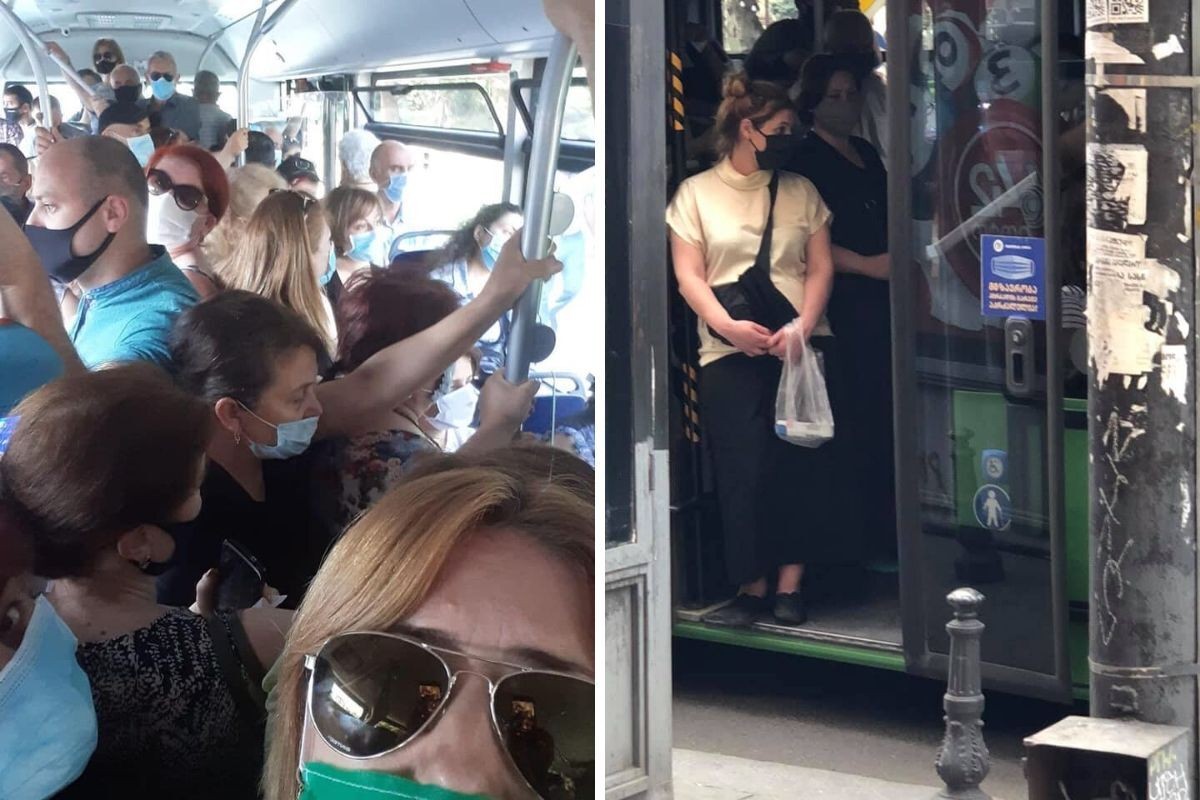 Crowded buses in Tbilisi. Photo: Davit Meskhishvili.