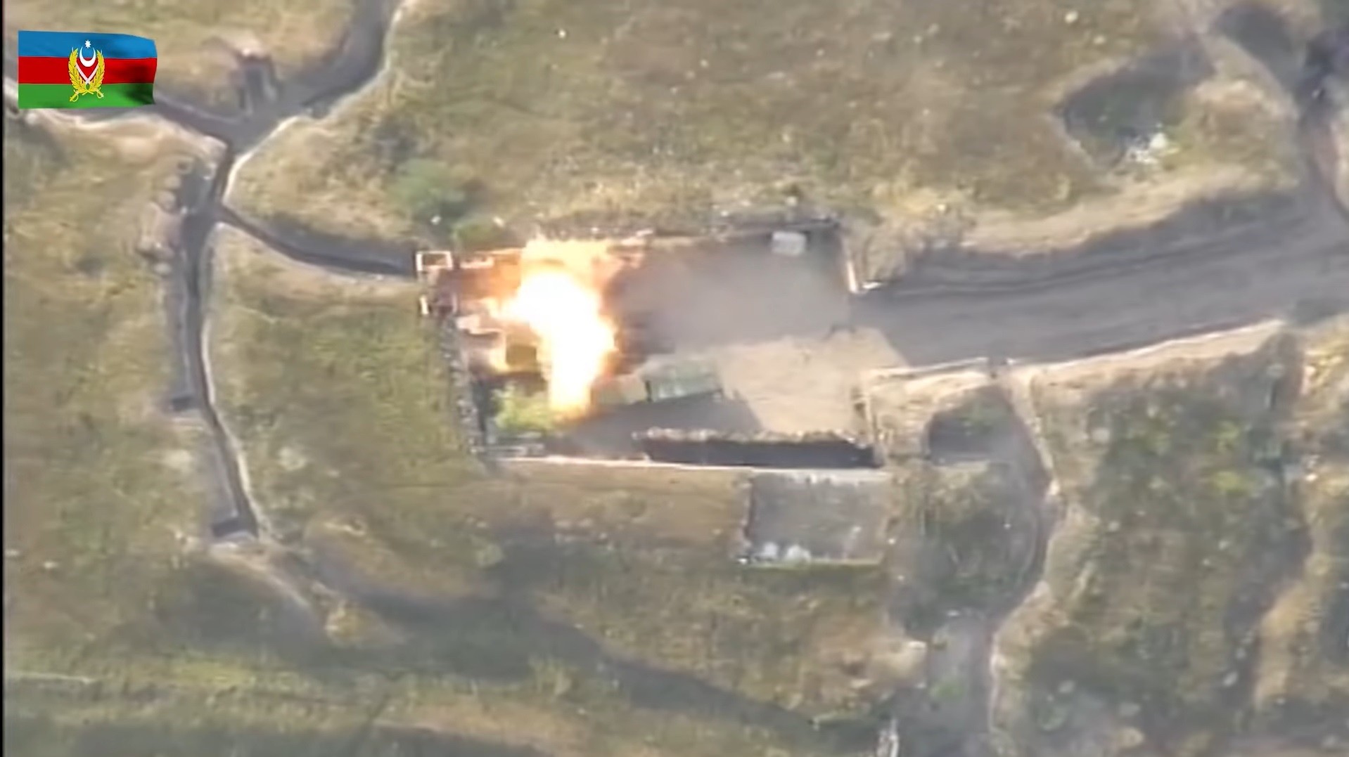 Screenshot from video released by Azerbaijan MOD supposedly showing the shelling of an Armenian position. 