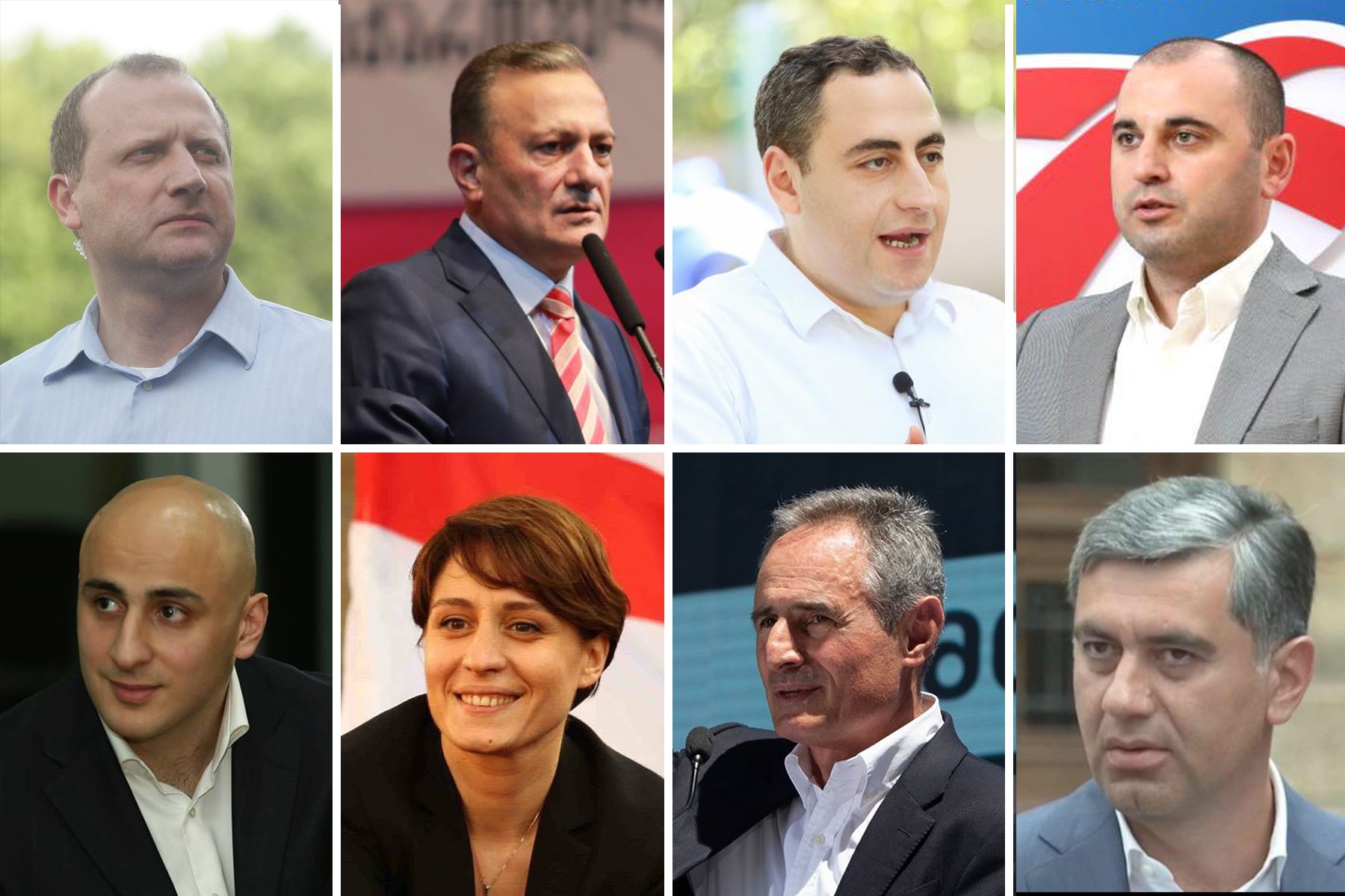 Clockwise from top left: Zurab Japaridze (Girchi), Shalva Natelashvili (Labour), Giorgi Vashadze (Strategy Aghmashenebeli), Levan Khabeishvili (UNM), Nika Melia (UNM), Elene Khoshtaria (European Georgia), Shalva Shavgulidze (Free Democrats), Irakli Okruashvili (Victorious Georgia). Official pictures.